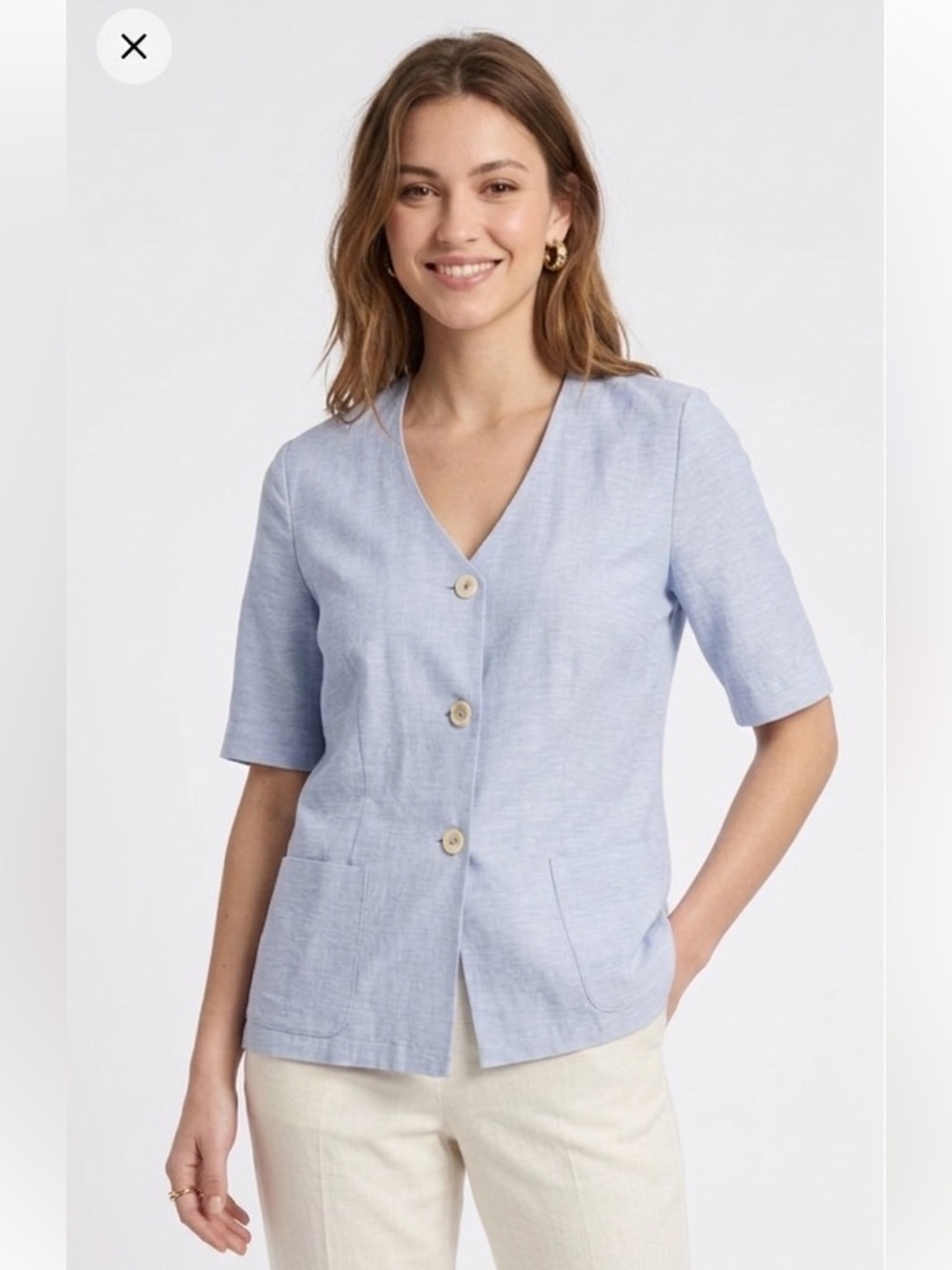 RIANI V-Neck Short Shirt Sleeve Jacket with Pockets Blue Linen Silk Blend Sz 40